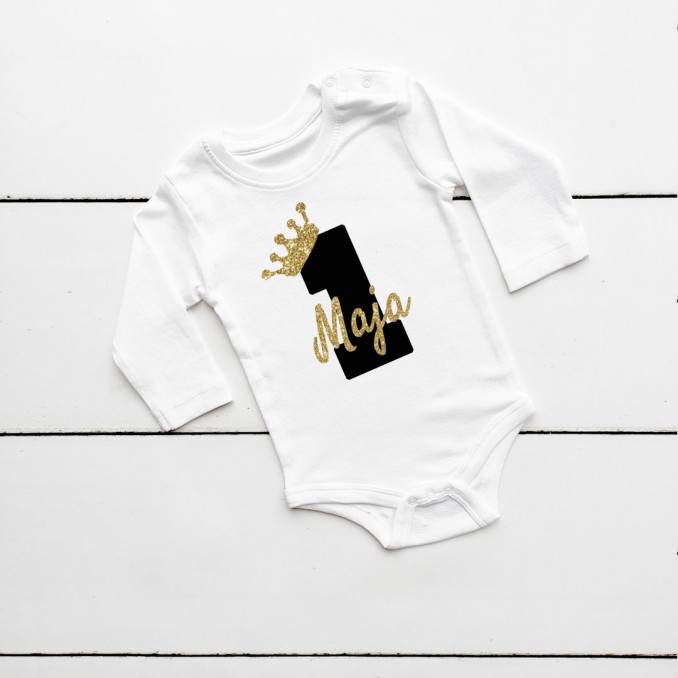 BABY BODYSUIT FOR BIRTHDAY WITH NAME AGE GLITTER